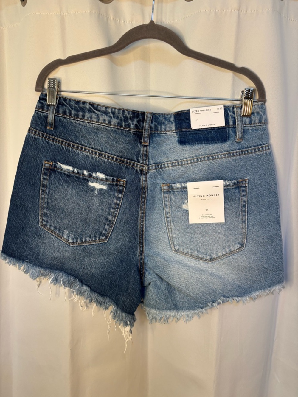 Flying Monkey Two Tone Denim Shorts NWT Ultra High Rise Distressed W30 - Picture 6 of 7